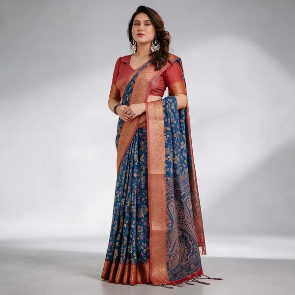 Rust_Blue_Floral_Print_Saree_For_Women