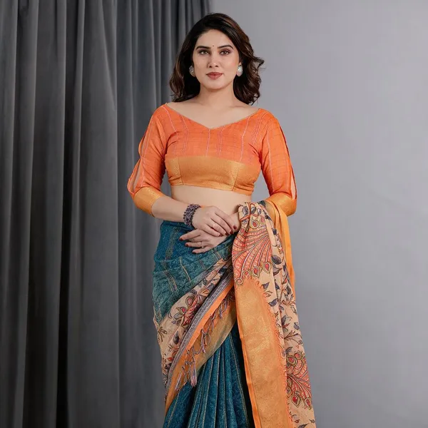 Blue_And_Orange_Printed_Saree_For_Women