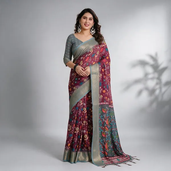 Maroon_Grey_Floral_Print_Saree_For_Women