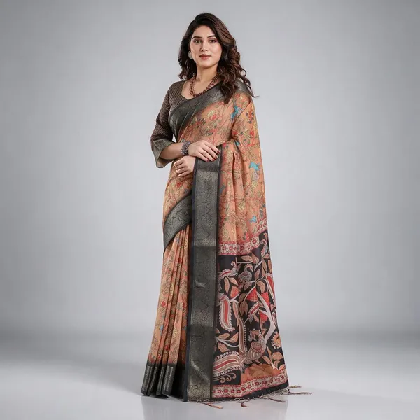 Peach_Printed_Saree_With_Blouse_For_Women