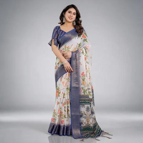 White_Floral_Print_Saree_For_Women