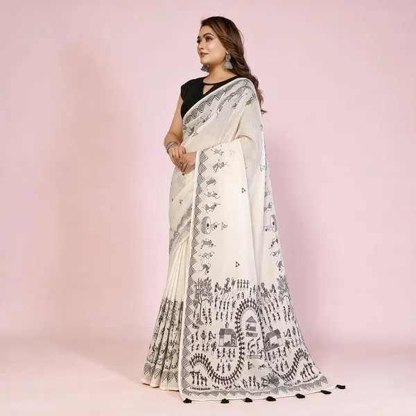 Off_White_Cotton_Warli_Print_Saree_For_Women