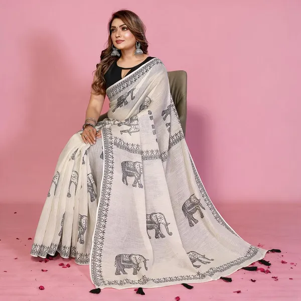 Ivory_Elephant_Print_Saree_For_Women