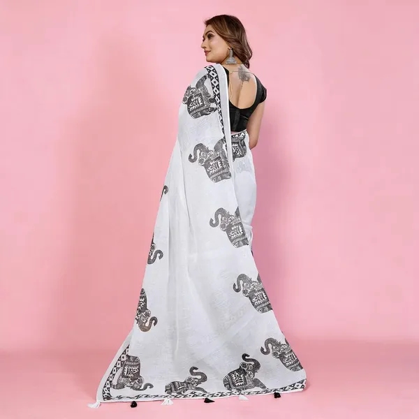 White_Elephant_Print_Saree_For_Women