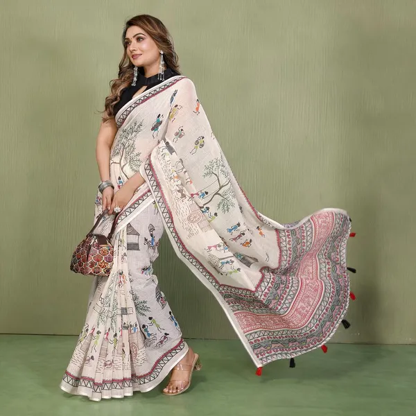 Cream_Printed_Ethnic_Saree_For_Women