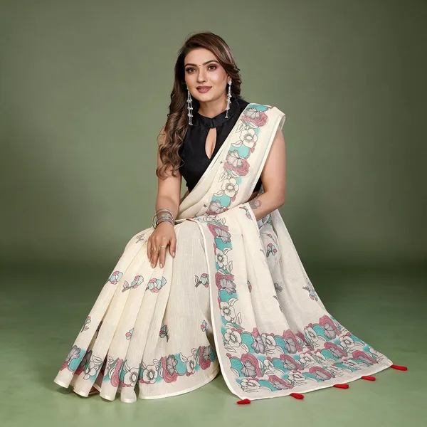 Cream_Woven_Floral_Print_Saree_For_Women