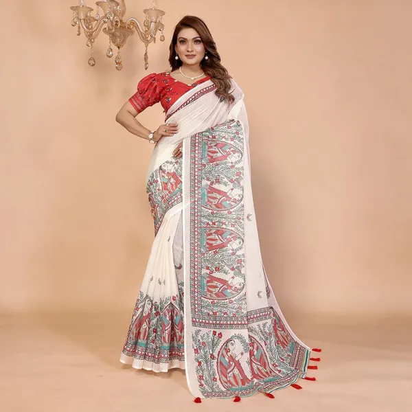 Red_Printed_Saree_Set_With_Blouse_For_Women