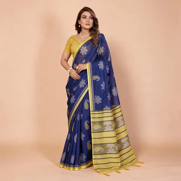 Blue_And_Yellow_Floral_Print_Saree_For_Women