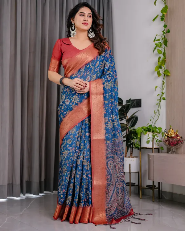 Rust_Blue_Floral_Print_Saree_For_Women
