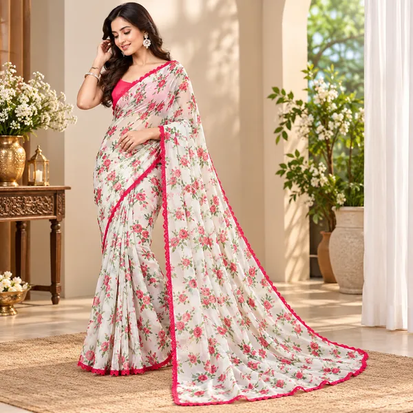 White_Chiffon_Floral_Print_Saree_For_Women