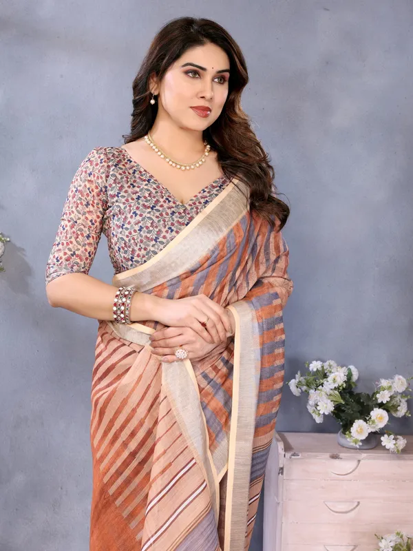 Peach_Woven_Striped_Saree_For_Women