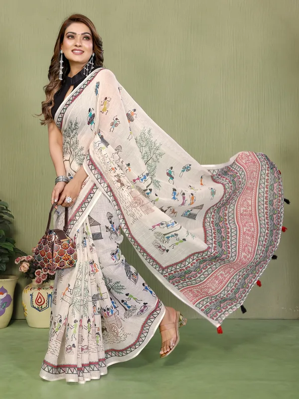 Cream_Printed_Ethnic_Saree_For_Women