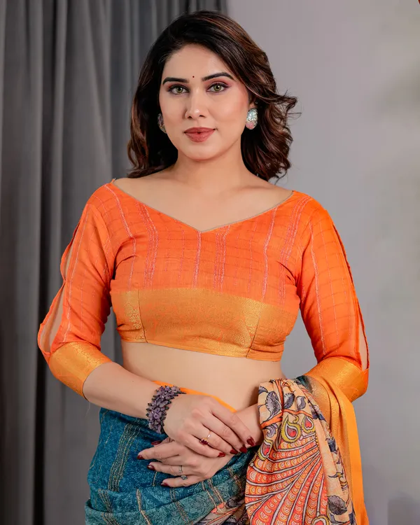 Blue_And_Orange_Printed_Saree_For_Women