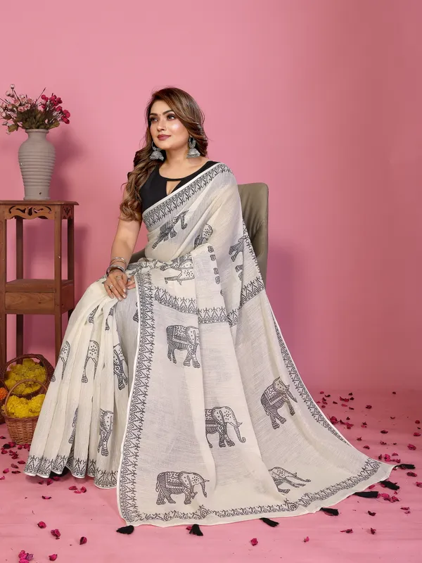 Ivory_Elephant_Print_Saree_For_Women