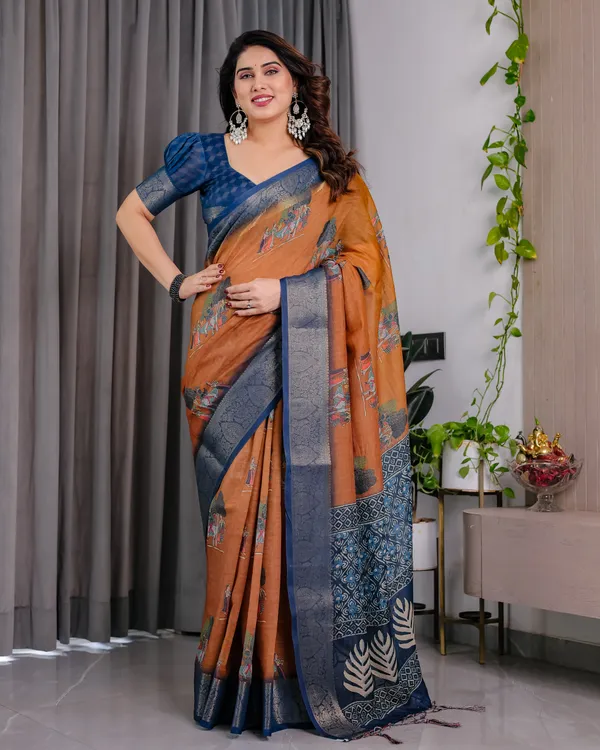 Orange_Printed_Saree_For_Women