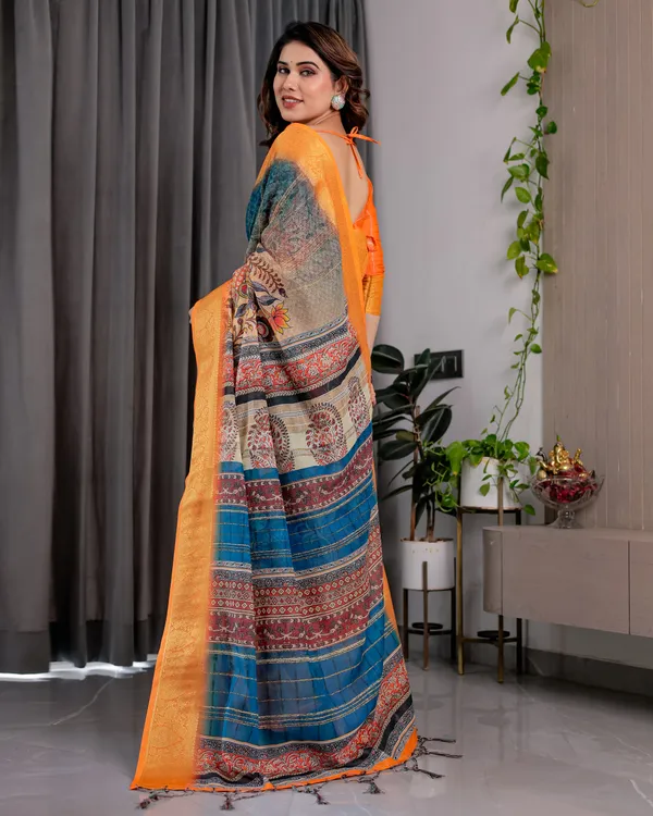 Blue_And_Orange_Printed_Saree_For_Women