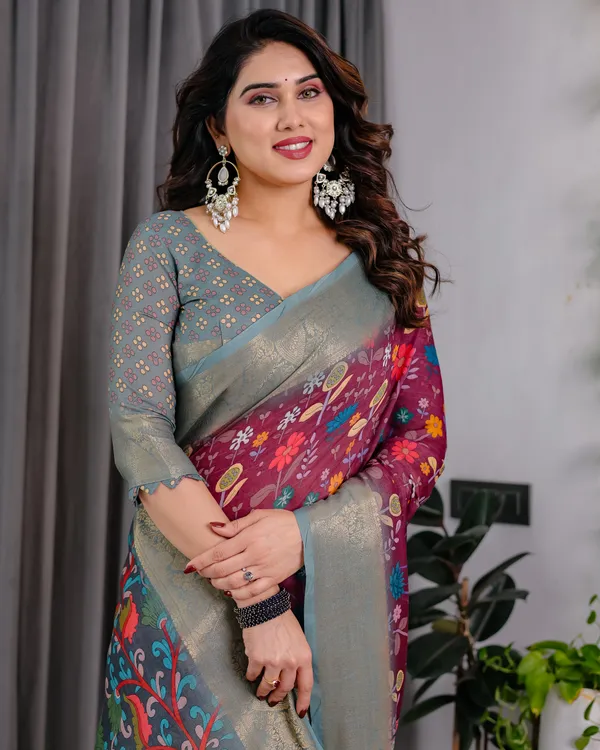 Maroon_Grey_Floral_Print_Saree_For_Women