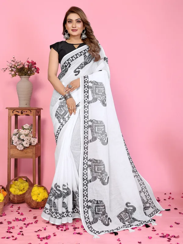 White_Elephant_Print_Saree_For_Women