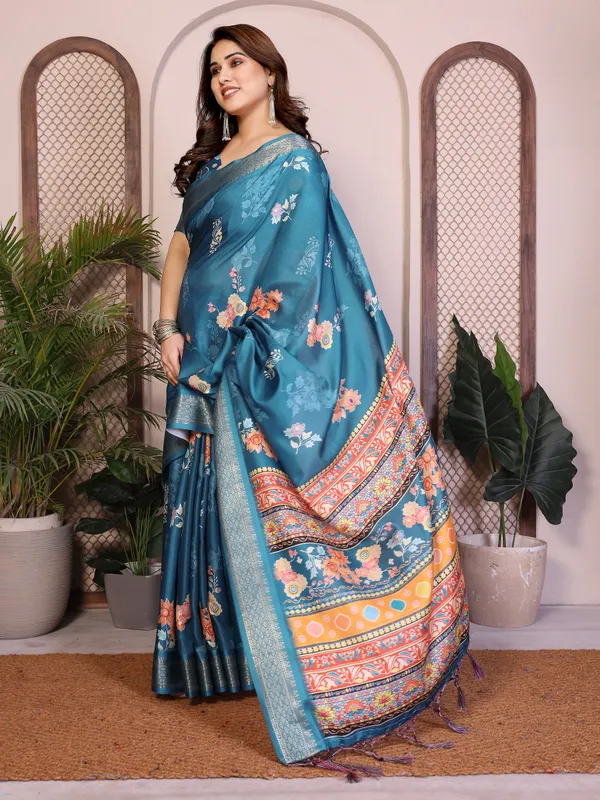 Blue_Floral_Print_Saree_For_Women
