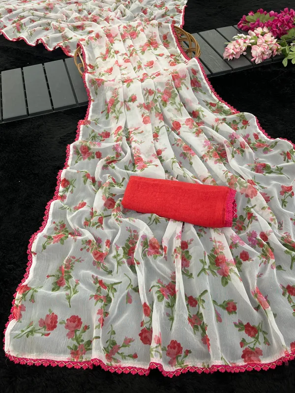 White_Chiffon_Floral_Print_Saree_For_Women