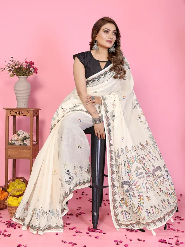 Cream_Cotton_Madhubani_Print_Saree_For_Women