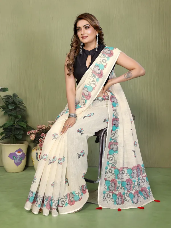 Cream_Woven_Floral_Print_Saree_For_Women