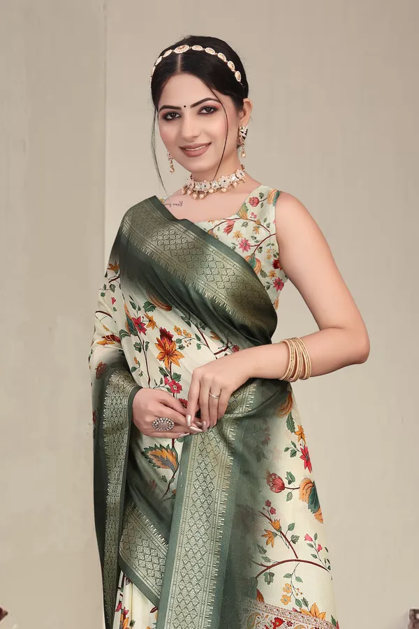 Green_Floral_Print_Saree_For_Women