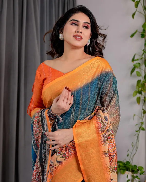 Blue_And_Orange_Printed_Saree_For_Women