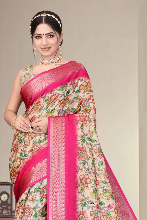 Cream_And_Pink_Floral_Print_Saree_Set_For_Women