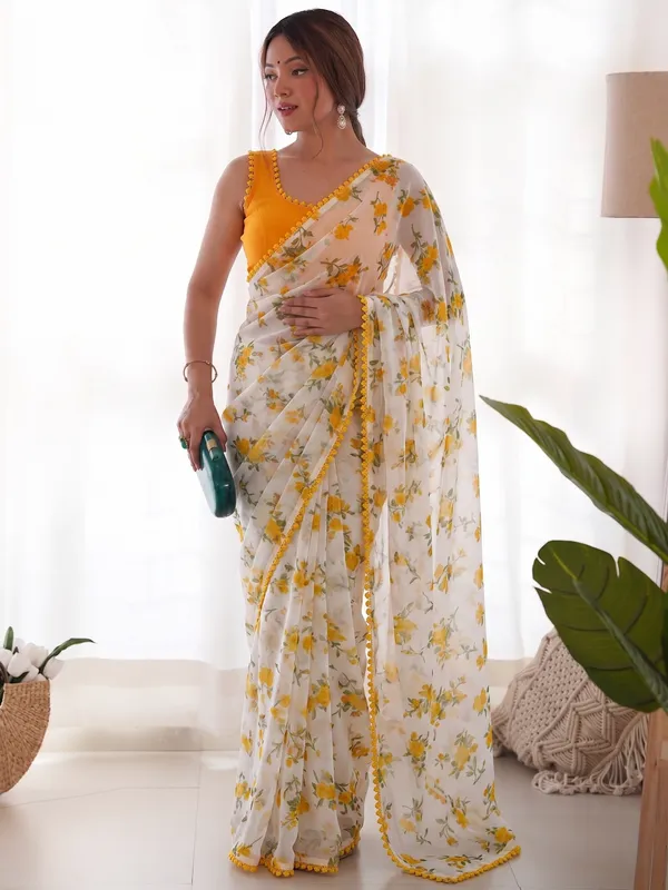 White_Chiffon_Floral_Print_Saree_For_Women