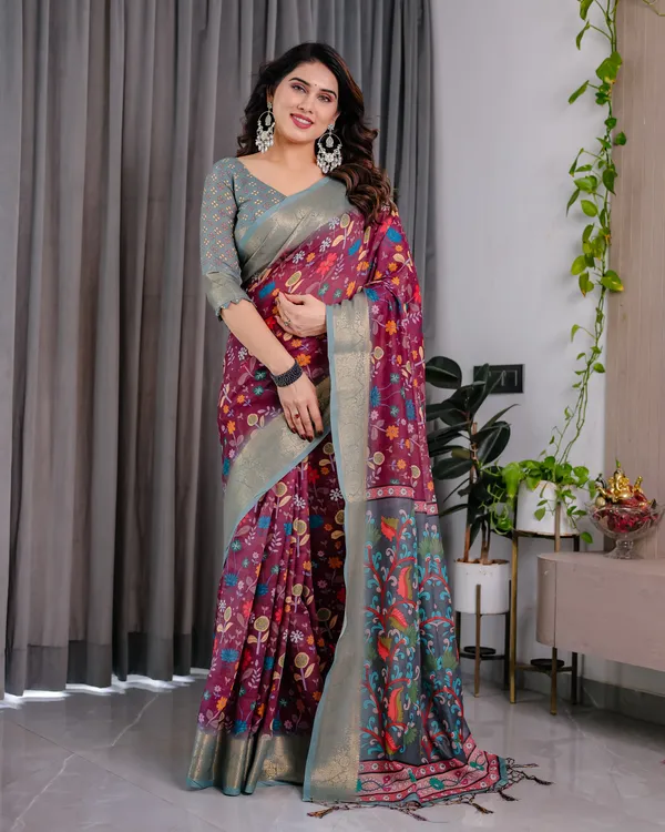 Maroon_Grey_Floral_Print_Saree_For_Women
