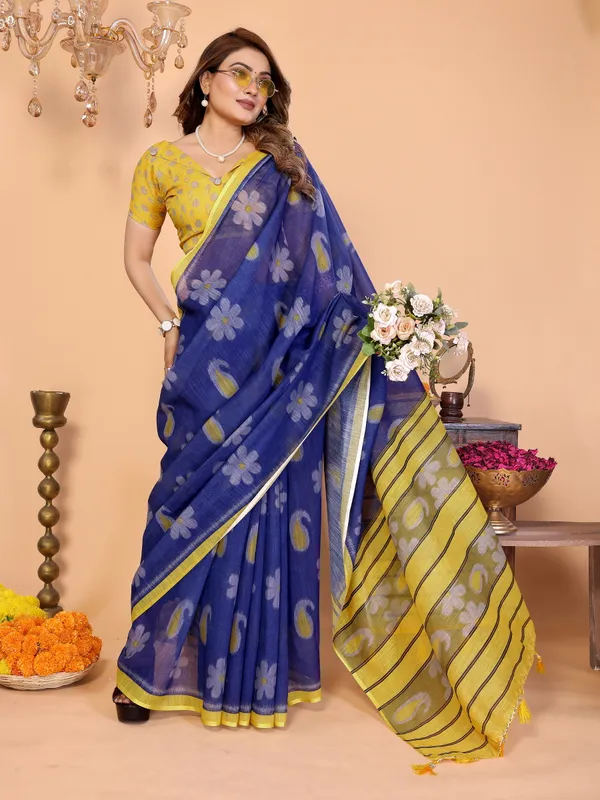 Blue_And_Yellow_Floral_Print_Saree_For_Women