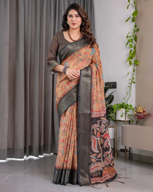 Peach_Printed_Saree_With_Blouse_For_Women