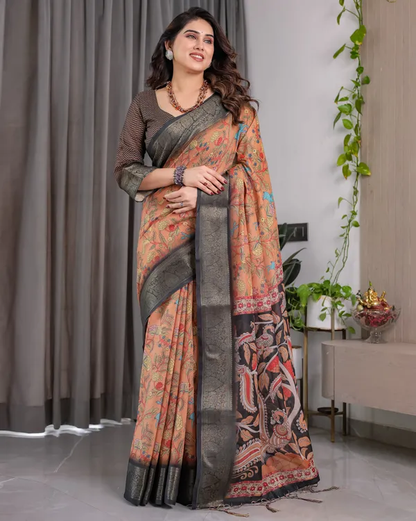 Peach_Printed_Saree_With_Blouse_For_Women