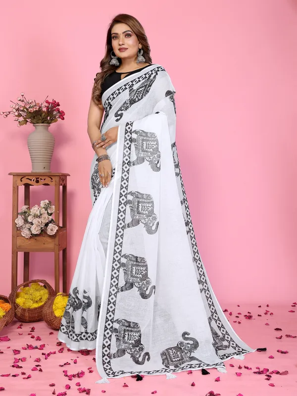 White_Elephant_Print_Saree_For_Women