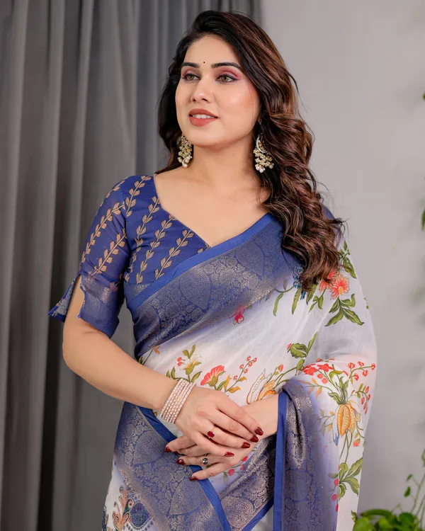 White_Floral_Print_Saree_For_Women