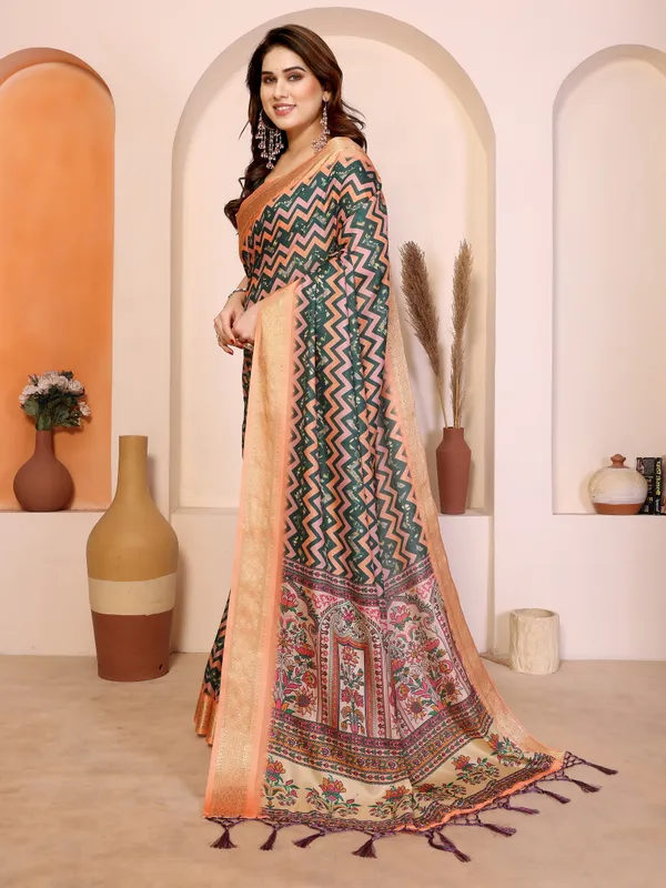 Green_Printed_Saree_With_Blouse_For_Women