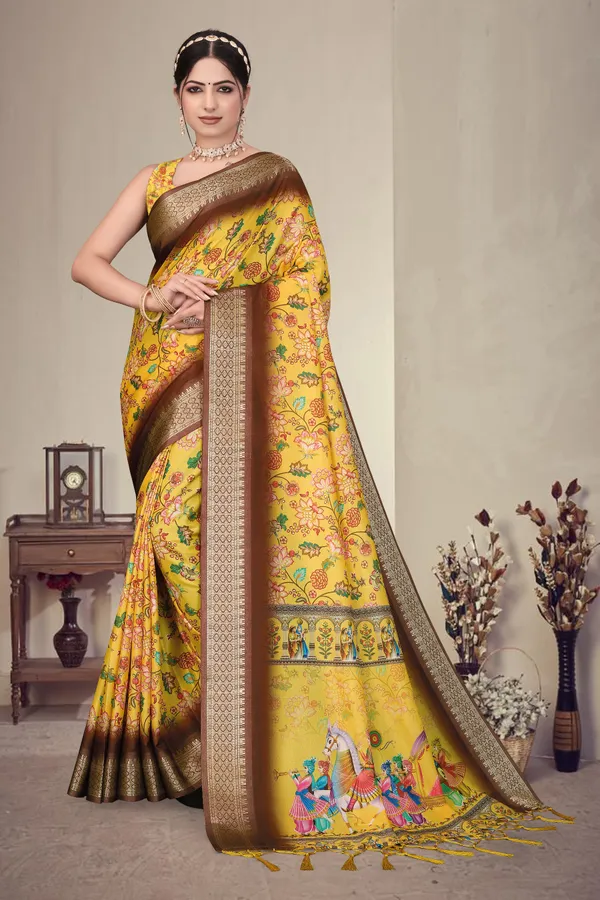 Yellow_Floral_Print_Saree_For_Women