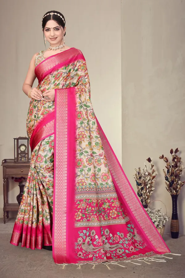 Cream_And_Pink_Floral_Print_Saree_Set_For_Women