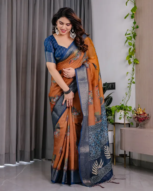 Orange_Printed_Saree_For_Women
