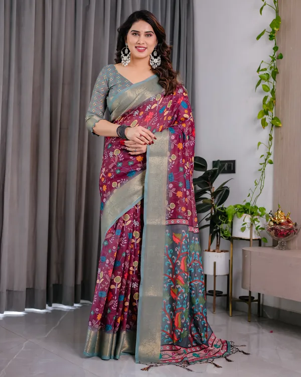 Maroon_Grey_Floral_Print_Saree_For_Women