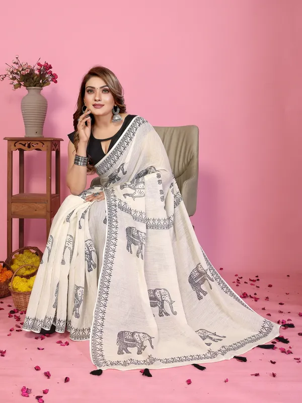 Ivory_Elephant_Print_Saree_For_Women