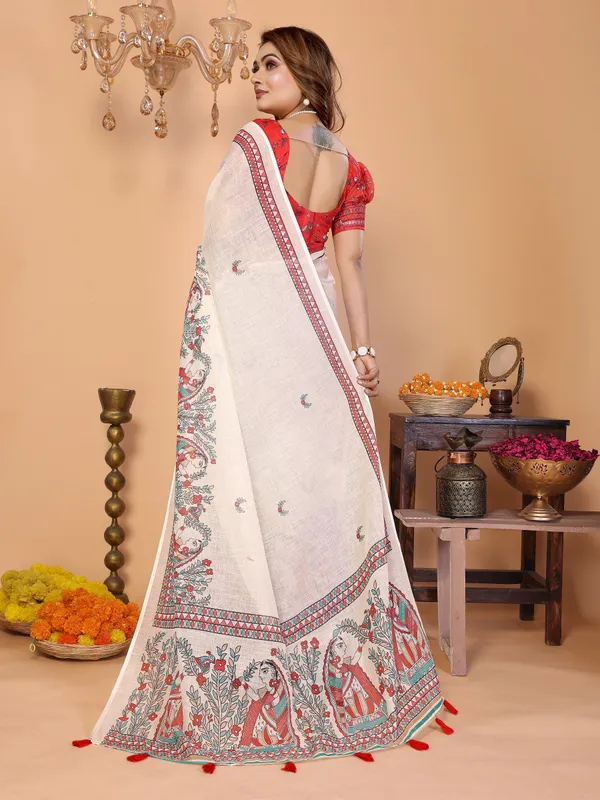 Red_Printed_Saree_Set_With_Blouse_For_Women