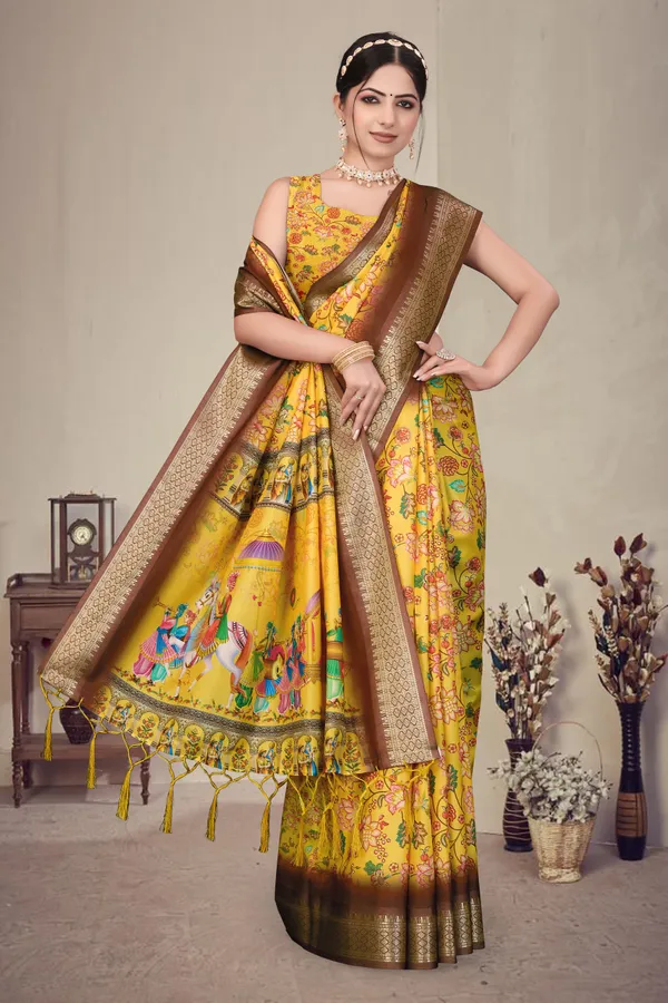 Yellow_Floral_Print_Saree_For_Women