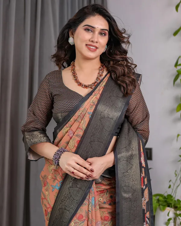 Peach_Printed_Saree_With_Blouse_For_Women