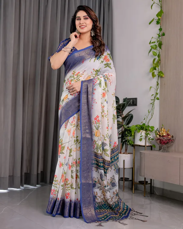 White_Floral_Print_Saree_For_Women