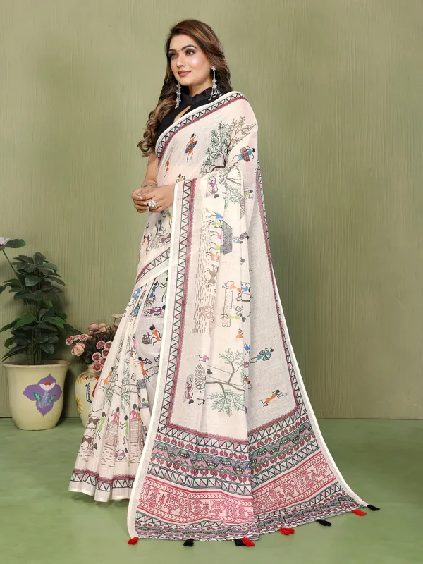 Cream_Printed_Ethnic_Saree_For_Women