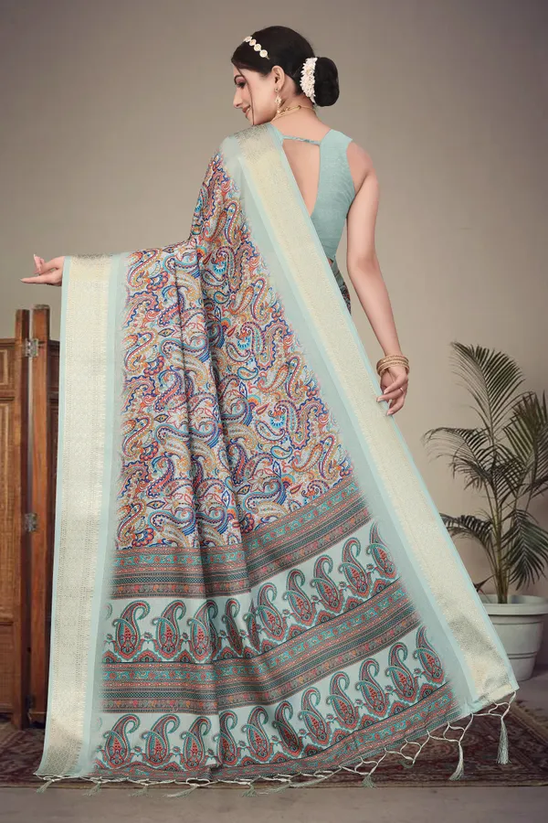 Aqua_Paisley_Print_Saree_For_Women