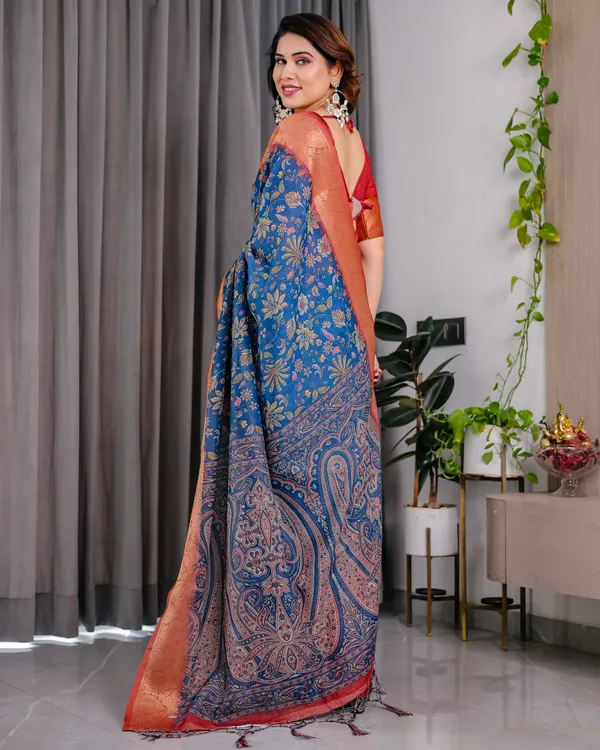 Rust_Blue_Floral_Print_Saree_For_Women