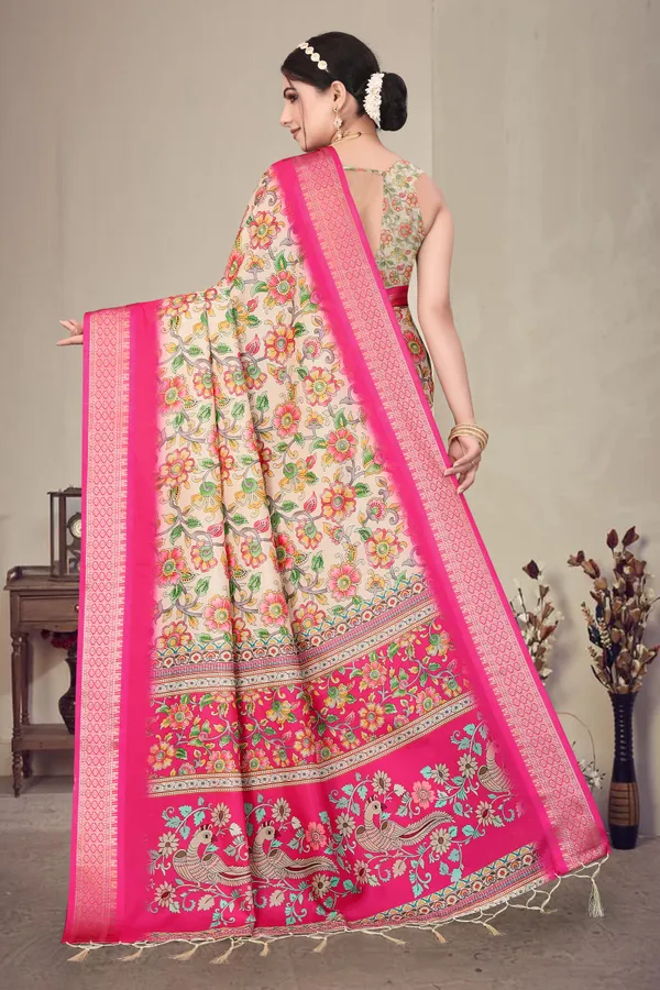 Cream_And_Pink_Floral_Print_Saree_Set_For_Women